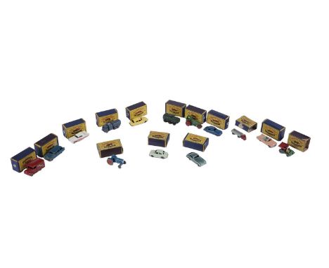 Fourteen boxed Matchbox Moko Lesney diecast vehicles, comprising: a No. 65 Jaguar 3.4l; a No. 54 Saracen Personnel Carrier; a