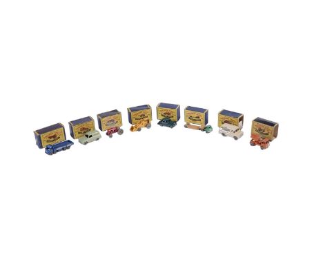 Eight boxed Matchbox Moko Lesney diecast vehicles, comprising: a No. 46 Morris Minor 1000; a No. 26 Cement Mixer; a No. 29 Be