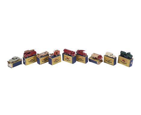 Nine Matchbox Moko Lesney boxed Diecast vehicles, comprising: a No. 14 Ambulance; a No. 16 Trailer; a No. 11 Petrol Tanker; a