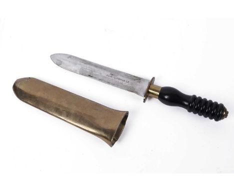 A Siebe Gorman &amp; Co diving knife, the blade stamped ‘Siebe Gorman &amp; Co’, with turned ebonised handle and brass scabba