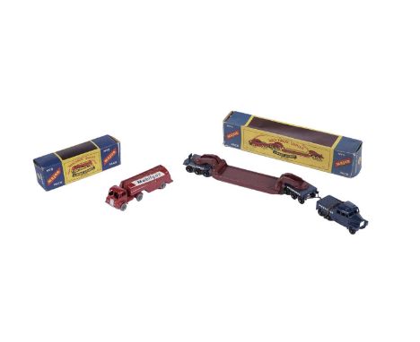 A Moko Lesney Matchbox No. 6 Scammell 6x6 Tractor Trailer, blue and red with black hubs and Pickford delivery, boxed; and a M