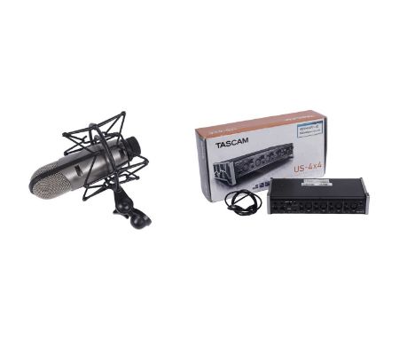 A boxed Tascam US-4x4 USB Audio/MIDI interface; together with a CAD M179 microphone. (2)