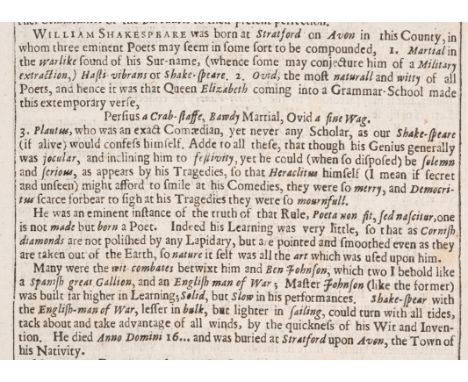 First printed biography of Shakespeare.- Fuller (Thomas) The History of the Worthies of England, first edition, engraved port