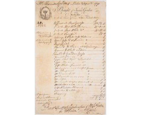 Gardening.- Seedsman.- Bought of James Gordon Seeds-Man at the Thistle & Crown, No. 25 in Fenchurch Street, engraved billhead