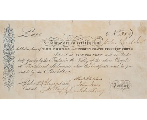 Ephemera.- Finsbury Chapel.- Certificate of one share of Ten Pounds owned by Samuel Leach Junior in Finsbury Chapel, Finsbury