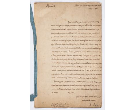 Pope (Alexander) Copy letter and dedicatory poem to Robert Harley, 1st Earl of Oxford & Earl of Mortimer, concerning publishi