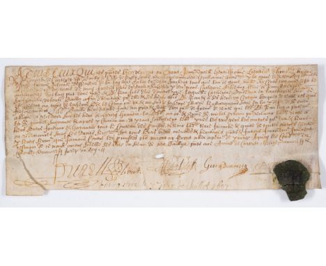 Guernsey.- Grant in ther court of the Bailly of Guernsey, William le Pelley in right of his wife Jehanette to Collas de Garys