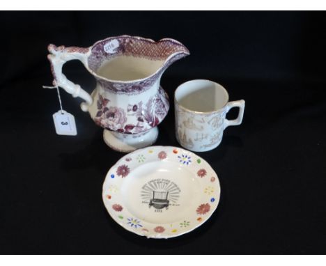     A 19thc Staffordshire Pottery Transfer Decorated Jug With Panel Of Queen Victoria, Together With A Nursery Plate Etc (3) 
