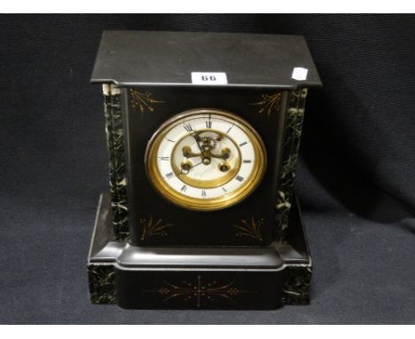     A Victorian Black Marble Based Mantel Clock With Circular White Dial &amp; Visible Escapement                            