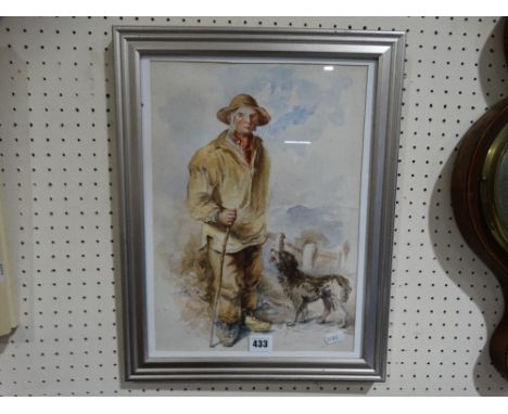     S. Cook, Watercolour, Portrait Of A Farmer &amp; Dog, Signed, 15" X 10"             