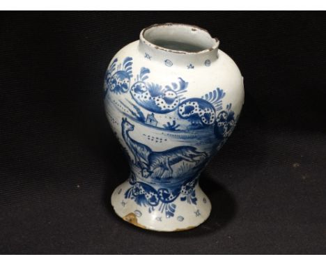     A Circular Based Delft Drug Jar With Painted Panel Of Grazing Deer, 7.5" High   