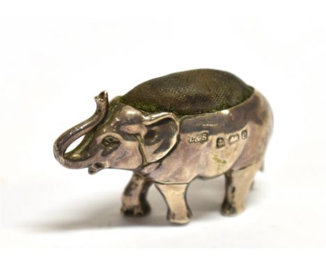 AN EARLY 20TH CENTURY NOVELTY SILVER PIN CUSHION  by Levi Salaman, Birmingham 1904, in the form of a miniature bull elephant 