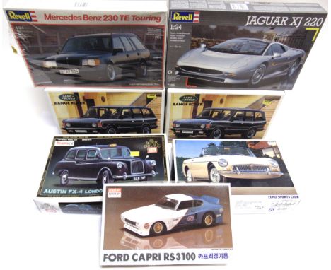 SEVEN 1/24 SCALE UNMADE PLASTIC MODEL VEHICLE KITS by Aoshima (3); Revell (2); Imai (1); and Academy Minicraft (1), each boxe