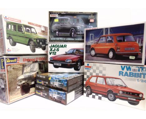 EIGHT 1/24 SCALE UNMADE PLASTIC MODEL VEHICLE KITS  by Revell (3); Imai (1); Esci (2); Hasegawa (1); and Fujimi (1), each box