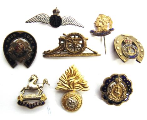 EIGHT BRITISH GREAT WAR REGIMENTAL GILT METAL &amp; ENAMEL SWEETHEART BROOCHES  including those of Royal Scots, R.A.F., Royal