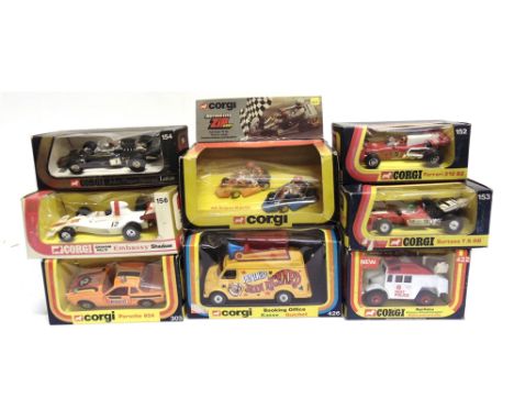 EIGHT ASSORTED CORGI DIECAST MODEL VEHICLES  most circa 1970s, comprising a No.426, Chevrolet Booking Office 'Pinder Jean Ric