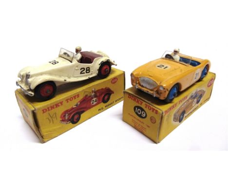 TWO DINKY MODEL RACING CARS  comprising a No.108, M.G. Midget, cream with red ridged hubs, racing number '28', good to fair c