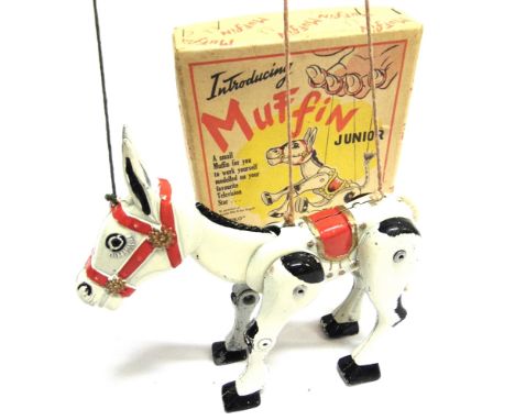A MOKO MUFFIN [THE MULE] JUNIOR DIECAST METAL PUPPET  complete with three (of four) finger control rings, generally good cond