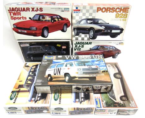 EIGHT 1/24 SCALE UNMADE PLASTIC MODEL VEHICLE KITS  by Revell (2); Hasegawa (2); Aoshima (2); Imai (1); and Esci (1), each bo