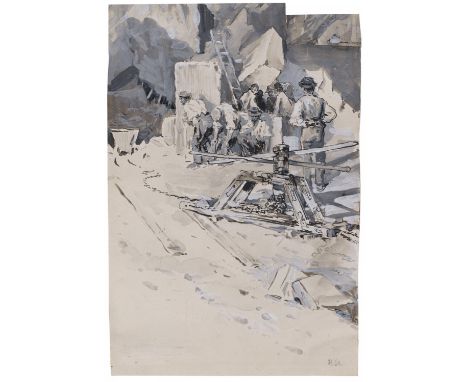 STERL, ROBERT HERMANN1867 Grossdobritz - 1932 NaundorfTitel: Arbeiter mit Kettenwinde beim Transport von Steinblöcken. Techni