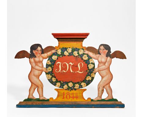 KOPFENDE EINES BETTES MIT PUTTEN. Schwarzwald. Datierung: Datiert 1844. Technik: Holz, farbig bemalt. Beschreibung: Zentral M