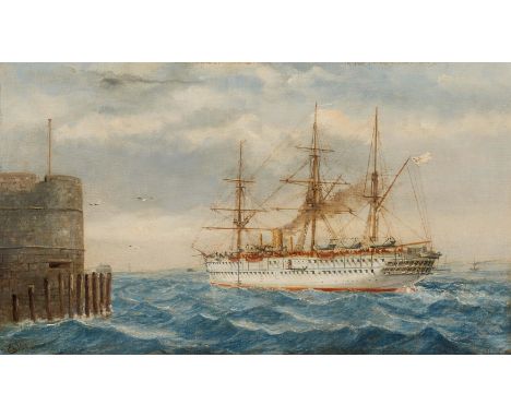 ENGLISCHER MEISTER1. H. 20. Jh.Titel: Dreimaster in der Hafenausfahrt. Technik: Öl auf Leinwand. Maße: 35,5 x 61cm. Bezeichnu