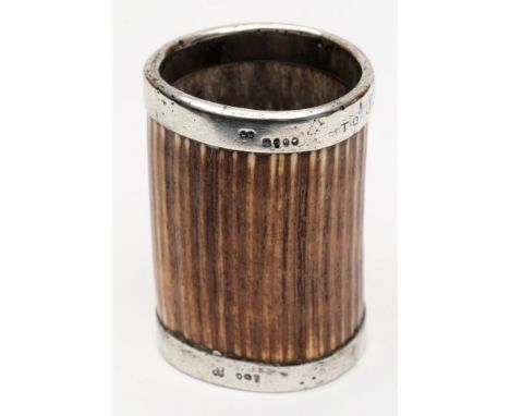 A Victorian silver mounted boars tooth hunting cup, maker Wright & Davies, London 1877:, later inscribed to rim ' To J S from