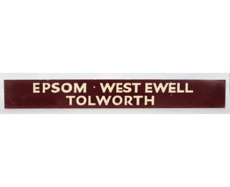 An enamel  transport sign for 'Epsom, West Ewell, Tolworth':, white text re-touched, 16cm x 122cm.
