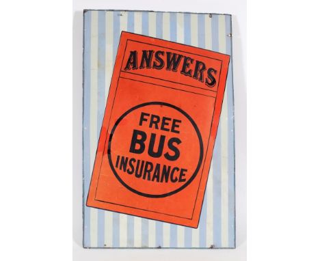 An early 20th century enamel advertising sign for  'Answers Free Bus Insurance':, depicting an orange bus ticket on a blue an