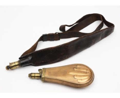 A late 19th century leather and brass shoulder belt powder flask together with a copper and brass powder flask:, both unsigne