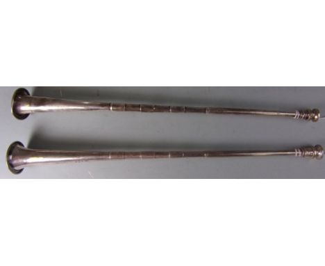 A pair of George V silver hunting horns, maker E.B, Birmingham:, 1910/11, 30cm. long, total weight of silver 2.68ozs.