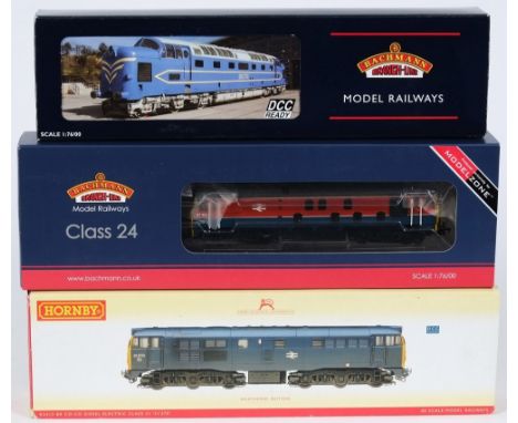 Bachmann, a Deltic Class diesel locomotive:, in blue/grey livery; a class 24 diesel locomotive No 97201 in BR red/blue livery