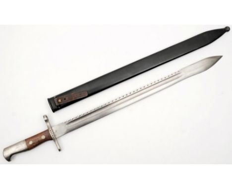 A Swiss Model 1914 Pioneer bayonet:, the straight saw backed blade with double edged point fullered to one side only, stamped