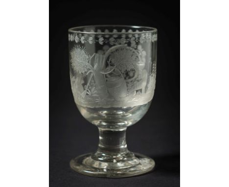 A 19th century pedestal glass goblet engraved with a hunting scene:, the bowl with hunting dog and game fowl decoration and h