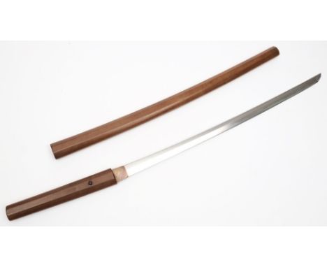 A Japanese Katana in wooden scabbard together with certificate:, the single edged blade with hamon and brass habaki, with mei