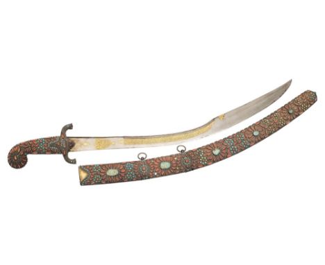 A 17th century Turkish Kilij:, the broad reinforced blade with single curved edge and double edged point, inset with gold kof