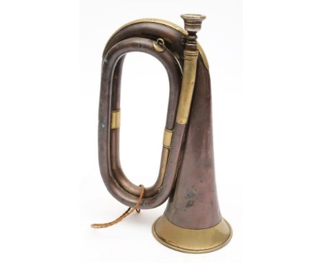 A brass mounted copper  'Life' bugle by Farquharson, London: 28cm high..