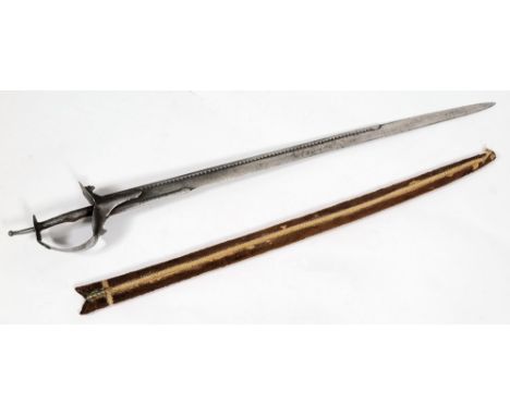 An Indo-Persian firangi: with 74cm. single edged blade, with steel hilt, contained in a velvet covered scabbard.