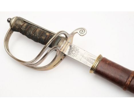 A George V officers dress sword: with steel triple bar guard, stepped pommel, chequered backstrap and wire bound fishskin gri