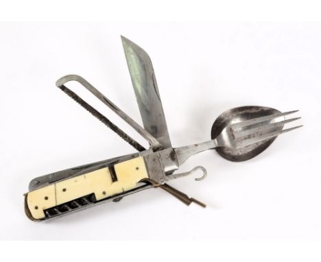 A  travelling multiple purpose combination set: includes detachable fork and spoon, saw, corkscrew, hooks, whistle, scissors 