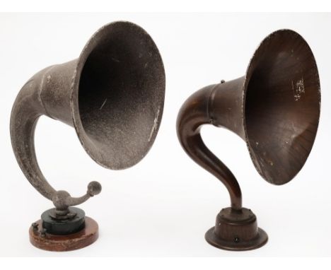 An early 20th century tin trumpet resonator speaker by S G Brown & Co, together with one other tinplate horn speaker:,(2)