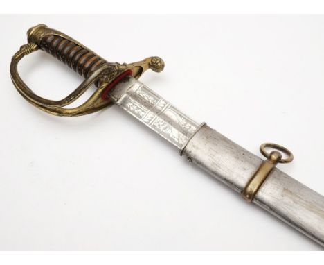 A late 19th century Prussian dress sword:, the curved single edge blade with clipped back point, acid etched decoration over 