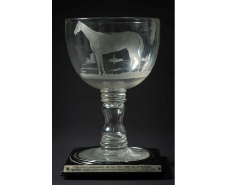 A late 19th /early 20th century Derby themed commemorative goblet on later stand:,  the bowl with copper wheel engraved portr