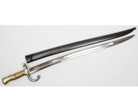 A French St Etienne Chassepot bayonet:,of typical form matching numbers '75' to hilt  and scabbard throat, ribbed brass grip,