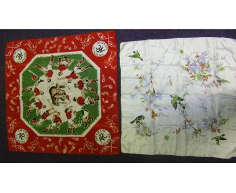 A 1950's lady's Exeter FC silk scarf:,  printed with footballers, and 'Good Luck' together with one other floral decorated sc