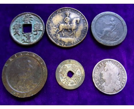 A James II silver halfcrown, 1685:, George III twopenny piece, A George III penny, two bronze Chinese coins and a German comm