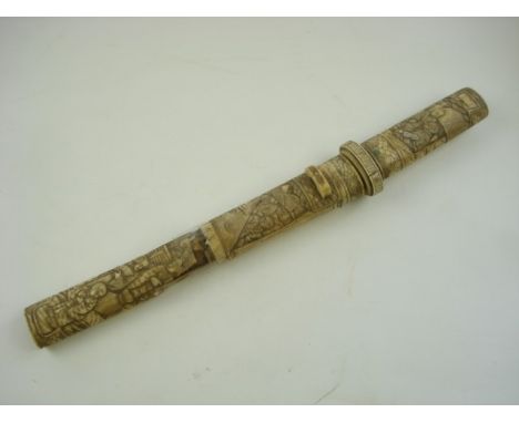 An early 20th century Japanese Tanto in carved bone scabbard:, the short single edged blade  with oval tsuba and landscape ca