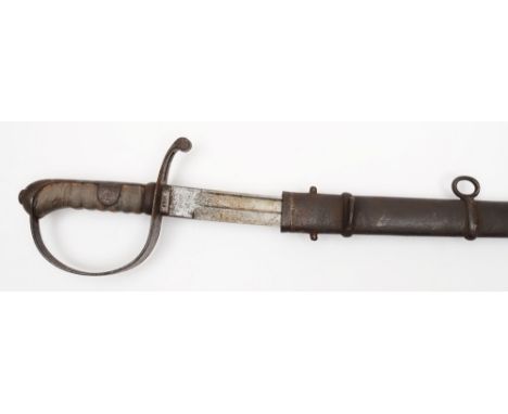 An Austrian heavy cavalry sabre:, the curved fullered blade signed to ricasso, with matching numbers to scabbard throat, rema