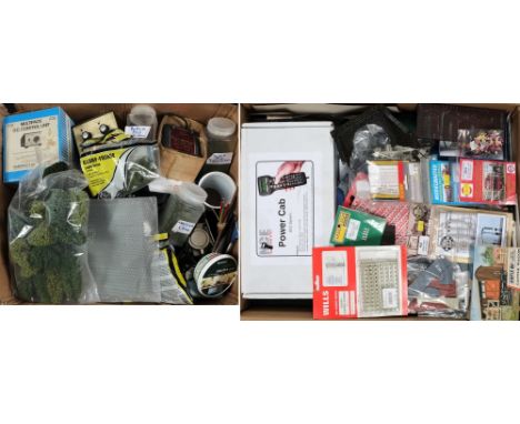 A collection of assorted scenic accessories and model makers tools: including air compressor, paints, figures, model,s DCC Po