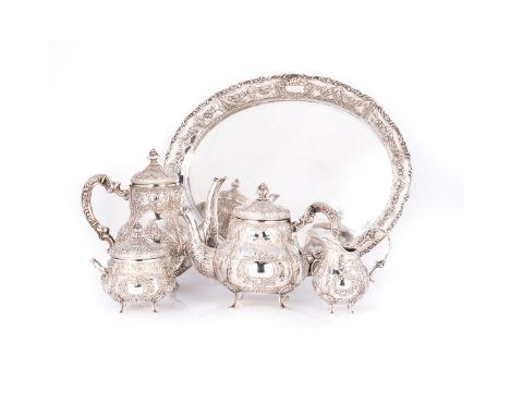 A FIVE-PIECE SILVER TEA SERVICE, .925 STD, POSSIBLY AMERICAN, CIRCA 1900 comprising: a teapot, coffee pot, two-handled sugar 